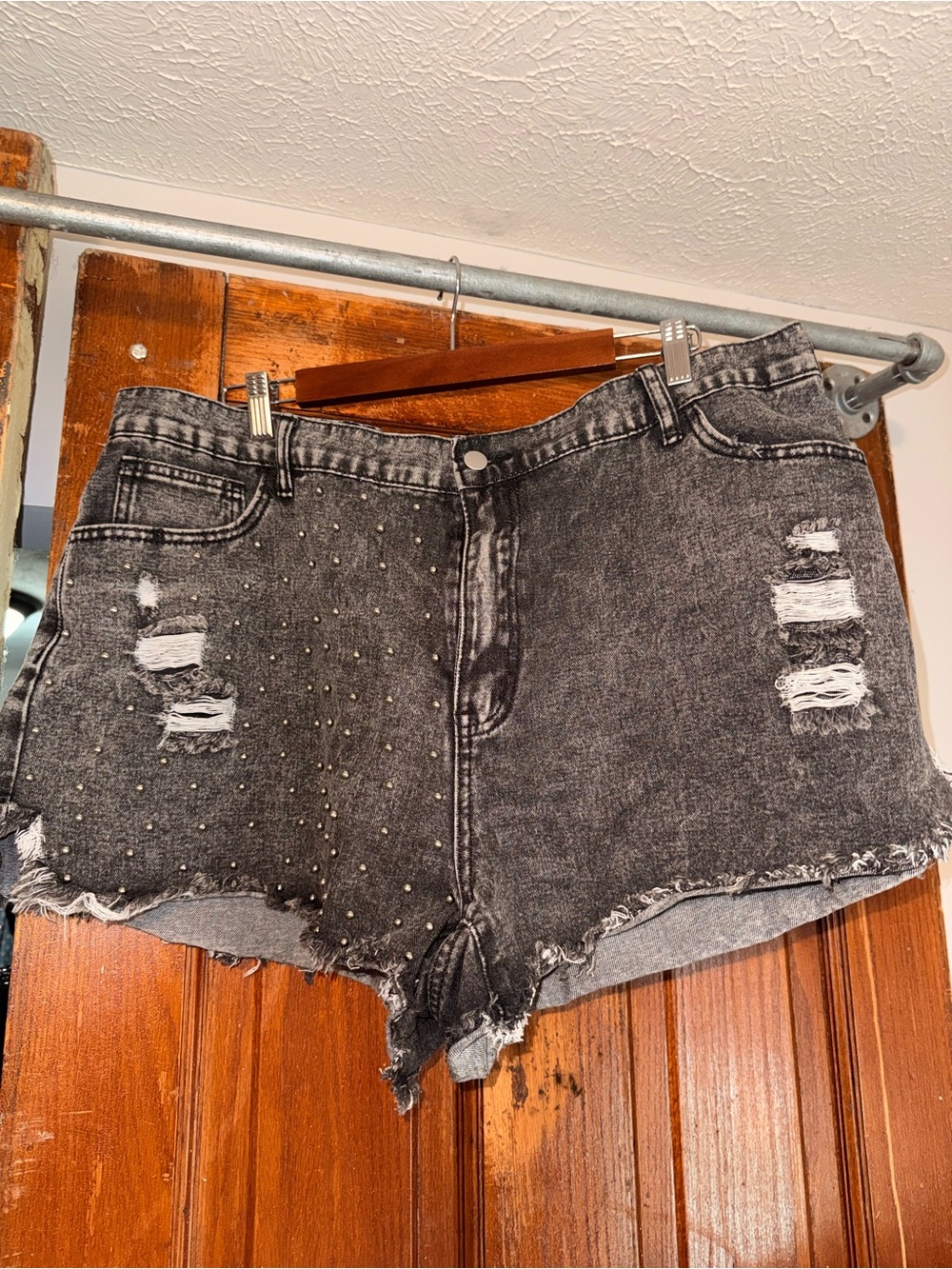 SHEIN Black Acid Wash Distressed Studded Denim Shorts